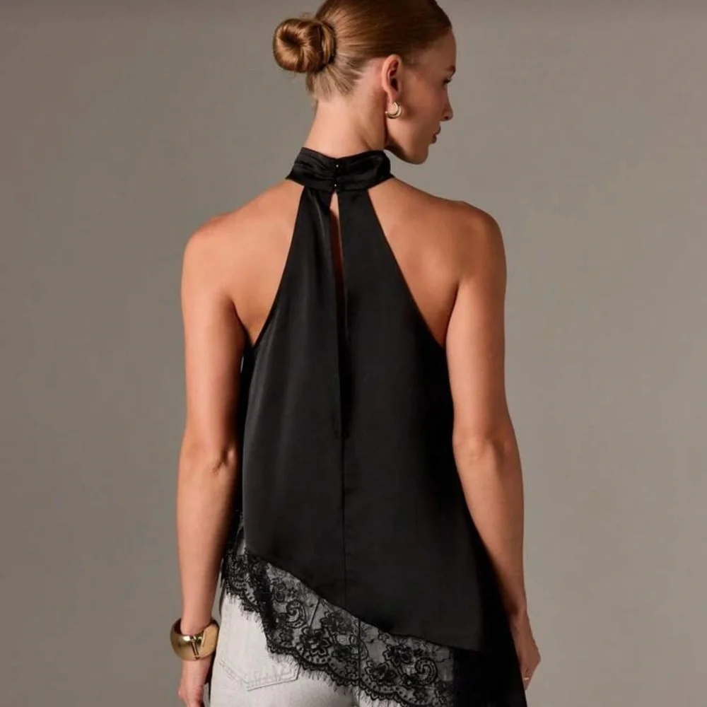AiiRZ Women Sleeveless High Neck Lace Trim Asymmetric Satin Top Evening - Picture 2 of 4